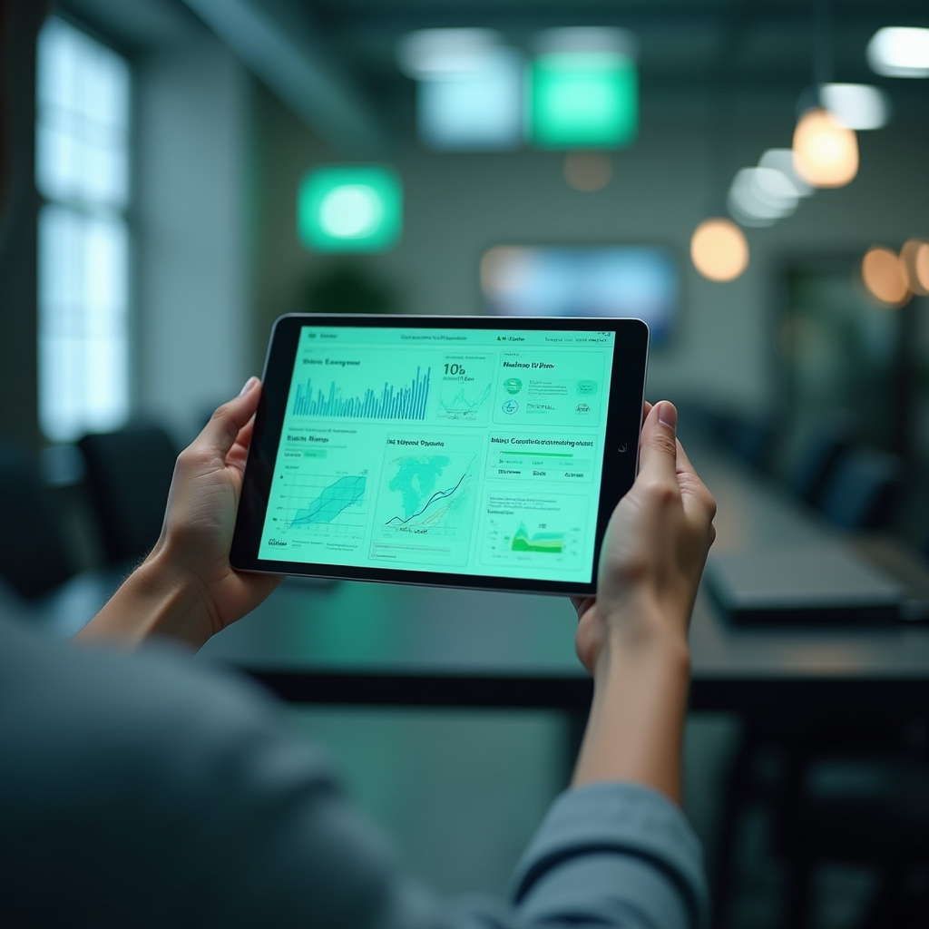 Tablet zobrazující monitorovací aplikaci výroby solární energie