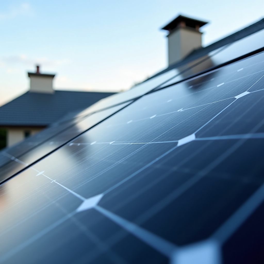 Detailní pohled na fotovoltaické panely instalované na střeše rodinného domu