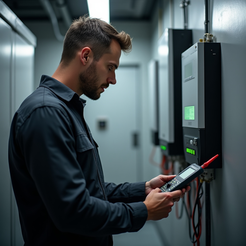 Technik kontroluje parametry střídače v technické místnosti domu
