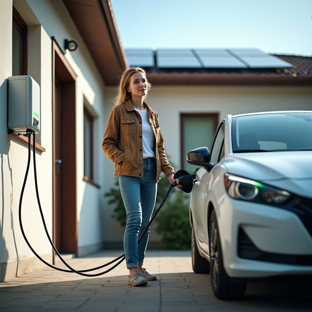 Nabíjení elektromobilu na příjezdové cestě rodinného domu s tepelným čerpadlem